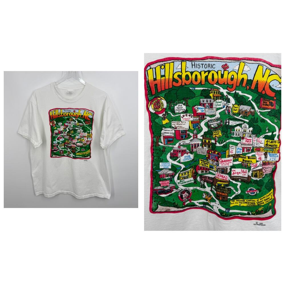 VTG 1993 Historic Hillsborough NC Mapwear T Shirt XL landmarks single stitch